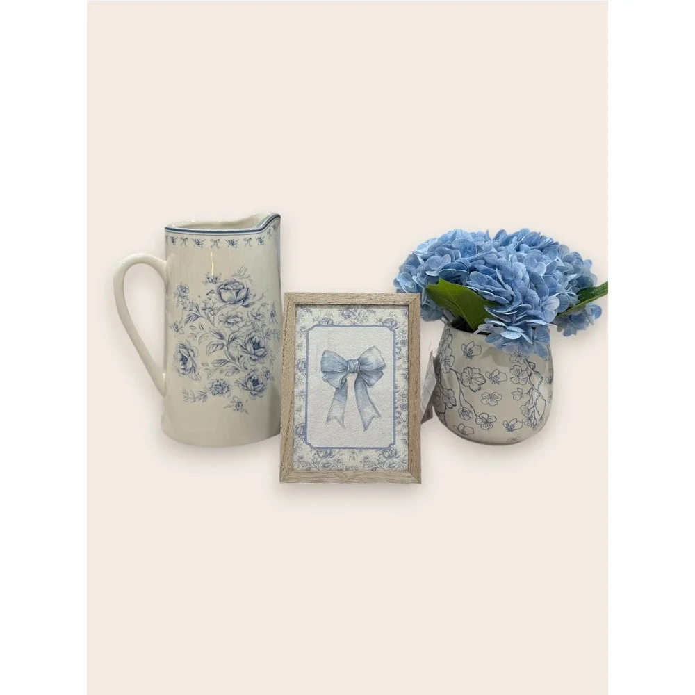 My Texas House Faux Hydrangeas Floral Vase, Blue White 9.5in • NWT